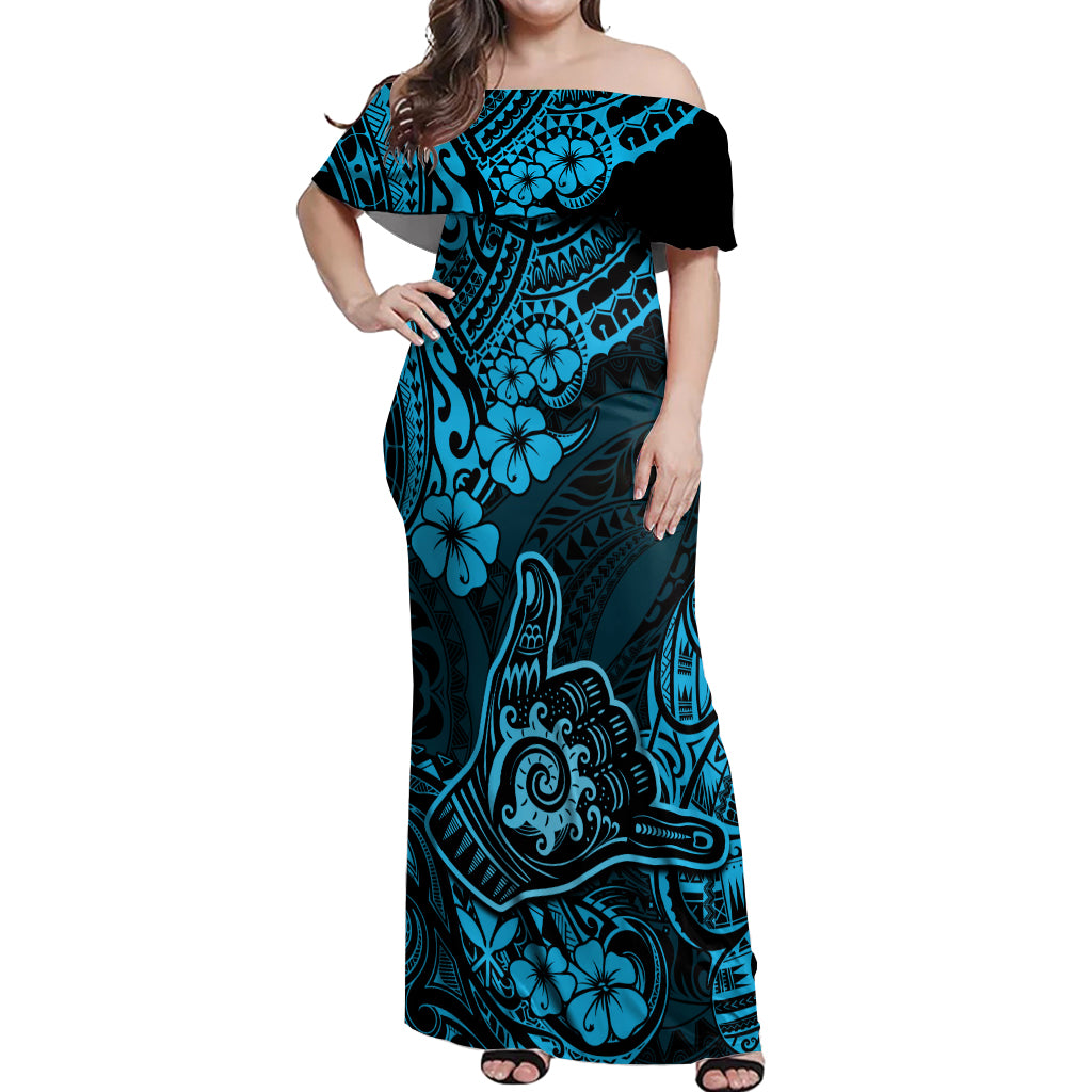 Hawaii Shaka Sign Off Shoulder Maxi Dress Polynesian Pattern Sky Blue Version LT01 Women Blue - Polynesian Pride