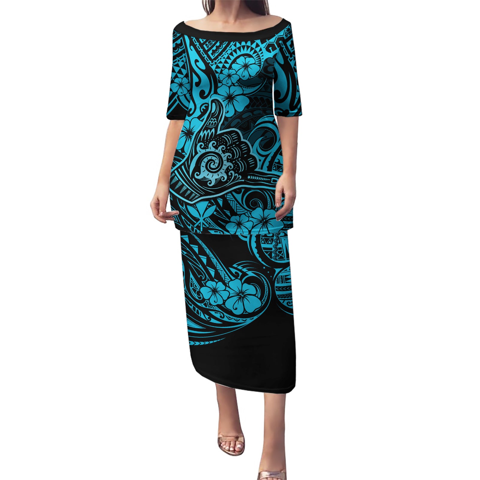 Hawaii Shaka Sign Puletasi Polynesian Pattern Sky Blue Version LT01 Long Dress Blue - Polynesian Pride