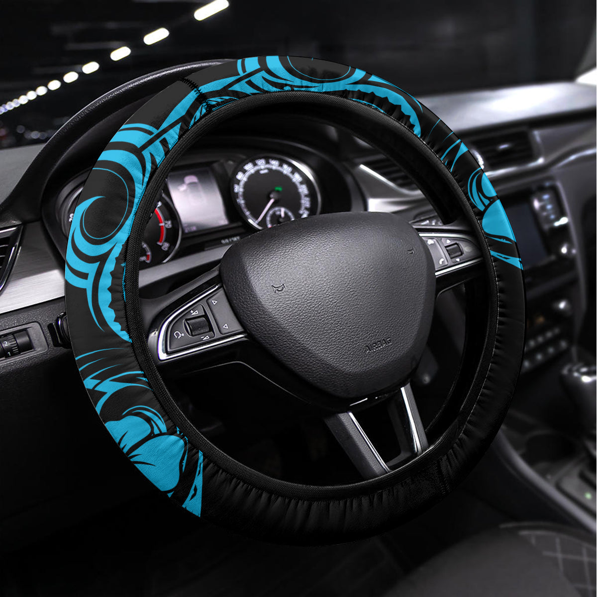 Hawaii Shaka Sign Steering Wheel Cover Polynesian Pattern Sky Blue Version