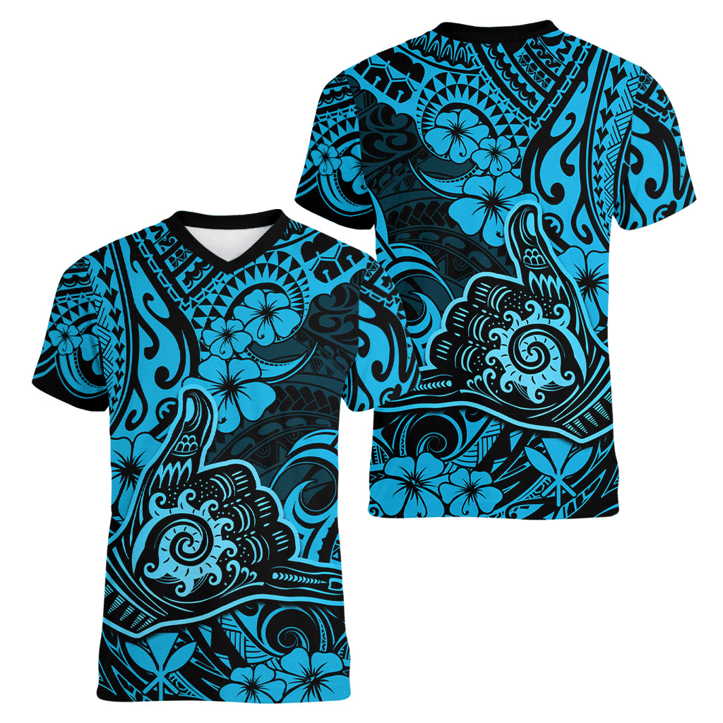 Hawaii Shaka Sign Women V Neck T Shirt Polynesian Pattern Sky Blue Version LT01 - Polynesian Pride
