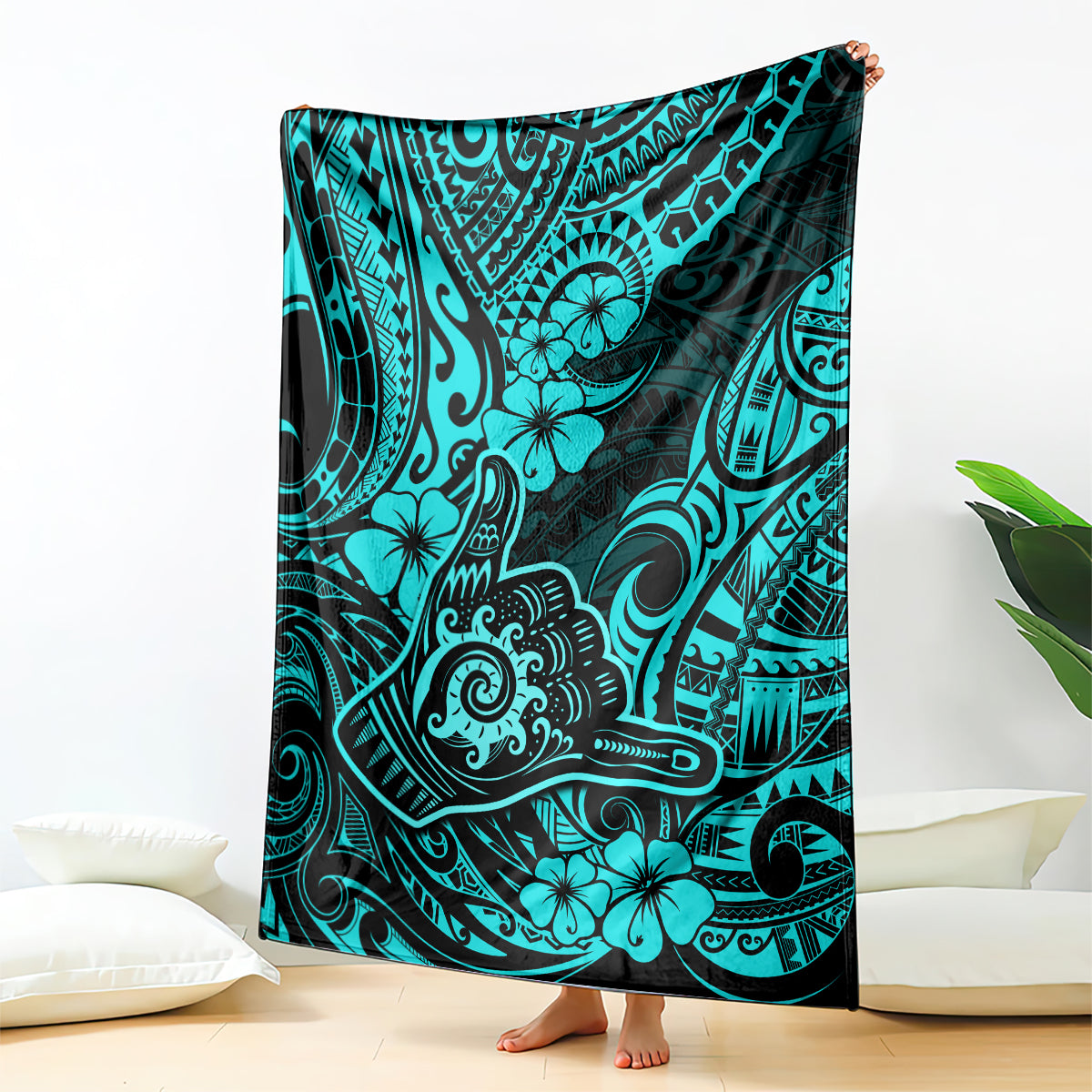 Hawaii Shaka Sign Blanket Polynesian Pattern Turquoise Version LT01 Turquoise - Polynesian Pride