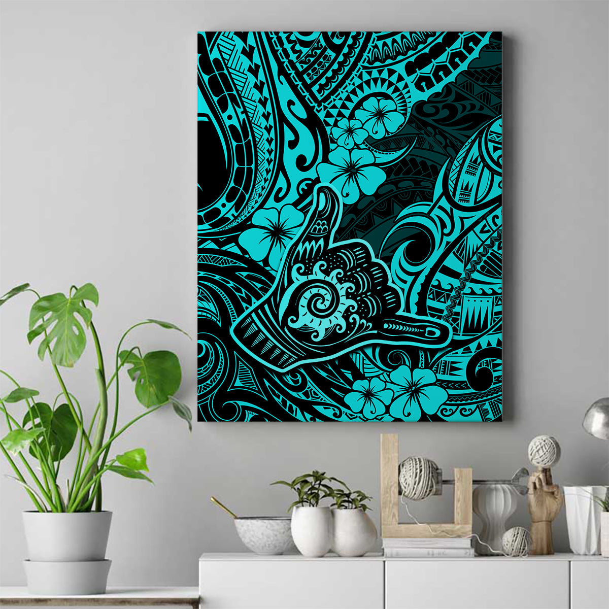 Hawaii Shaka Sign Canvas Wall Art Polynesian Pattern Turquoise Version LT01 Turquoise - Polynesian Pride