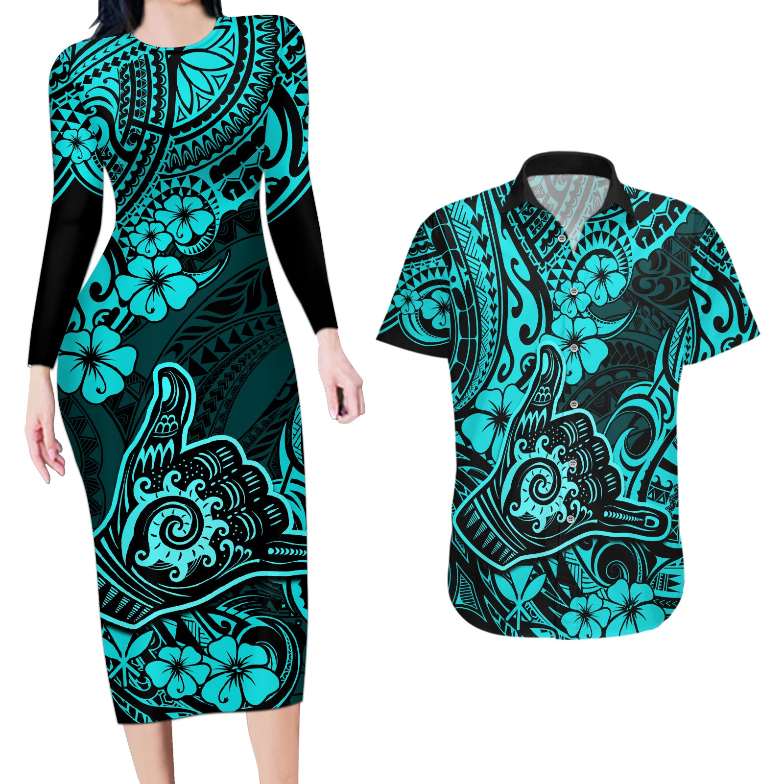 Hawaii Shaka Sign Couples Matching Long Sleeve Bodycon Dress and Hawaiian Shirt Polynesian Pattern Turquoise Version LT01 Turquoise - Polynesian Pride