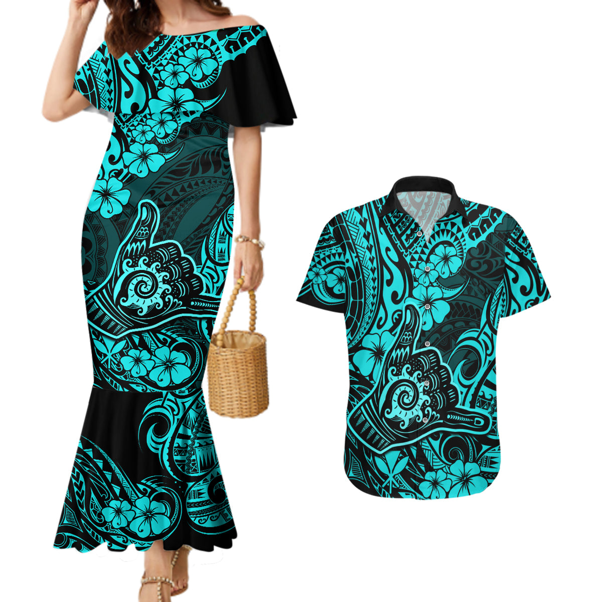 Hawaii Shaka Sign Couples Matching Mermaid Dress and Hawaiian Shirt Polynesian Pattern Turquoise Version LT01 Turquoise - Polynesian Pride