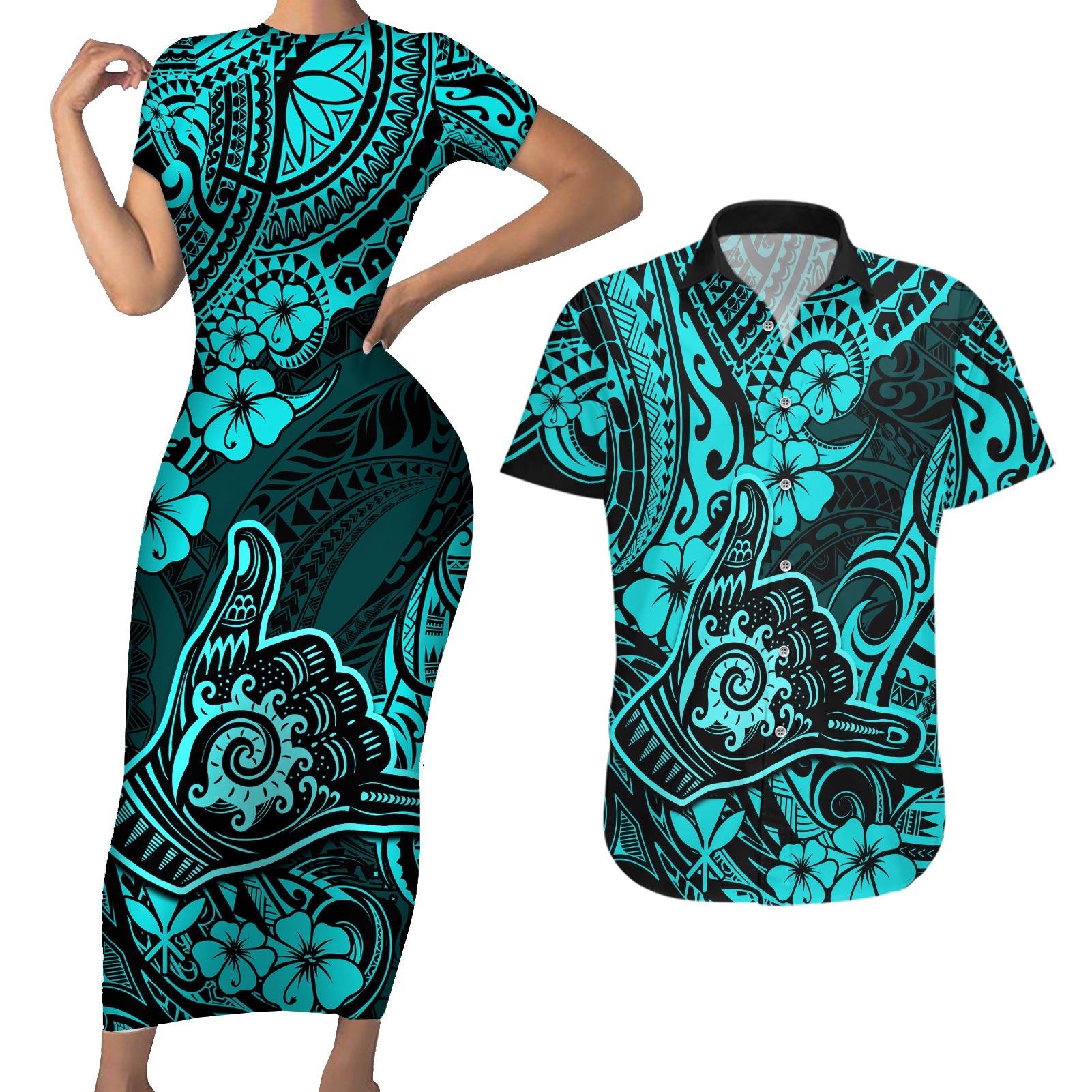 Hawaii Shaka Sign Couples Matching Short Sleeve Bodycon Dress and Hawaiian Shirt Polynesian Pattern Turquoise Version LT01 Turquoise - Polynesian Pride