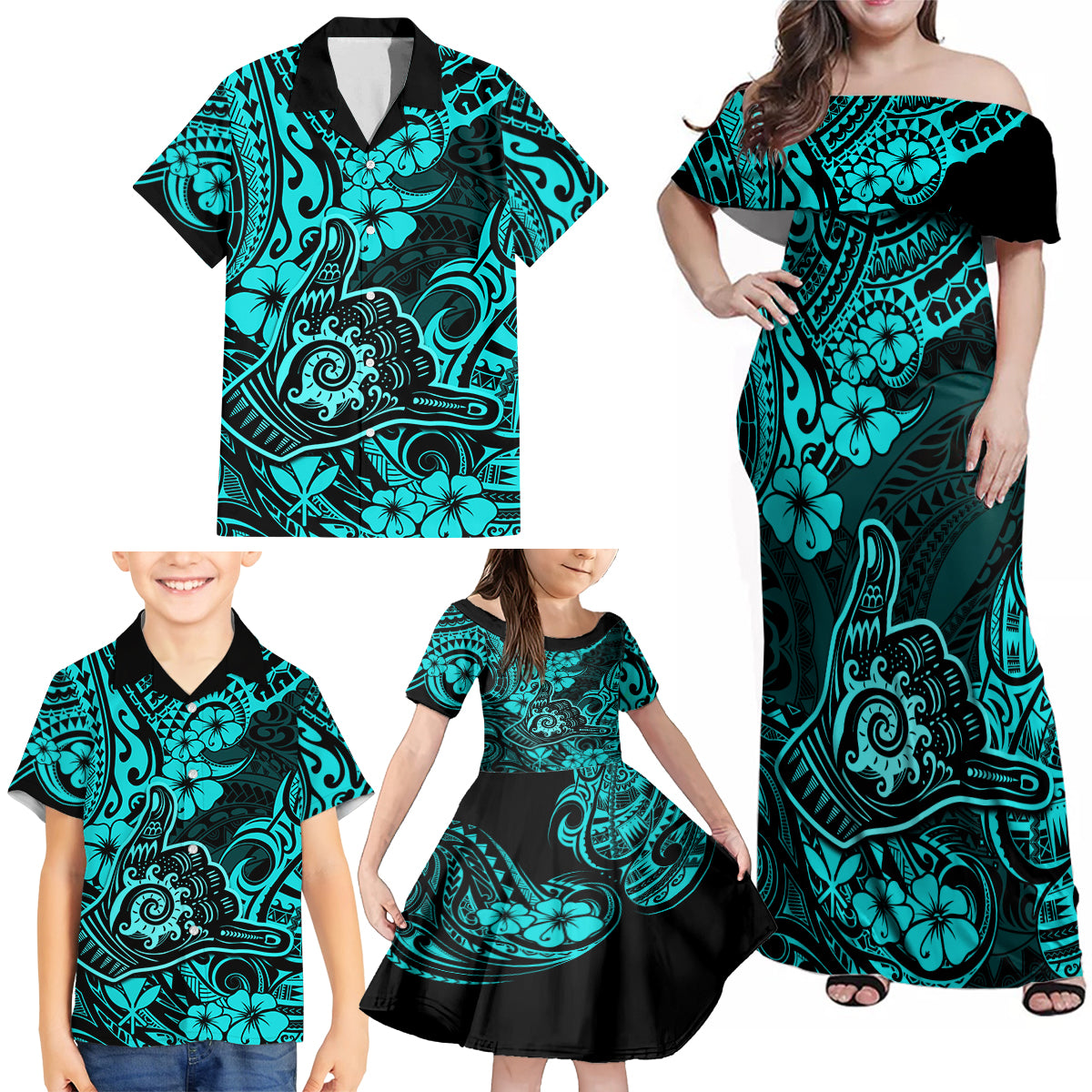 Hawaii Shaka Sign Family Matching Off Shoulder Maxi Dress and Hawaiian Shirt Polynesian Pattern Turquoise Version LT01 - Polynesian Pride