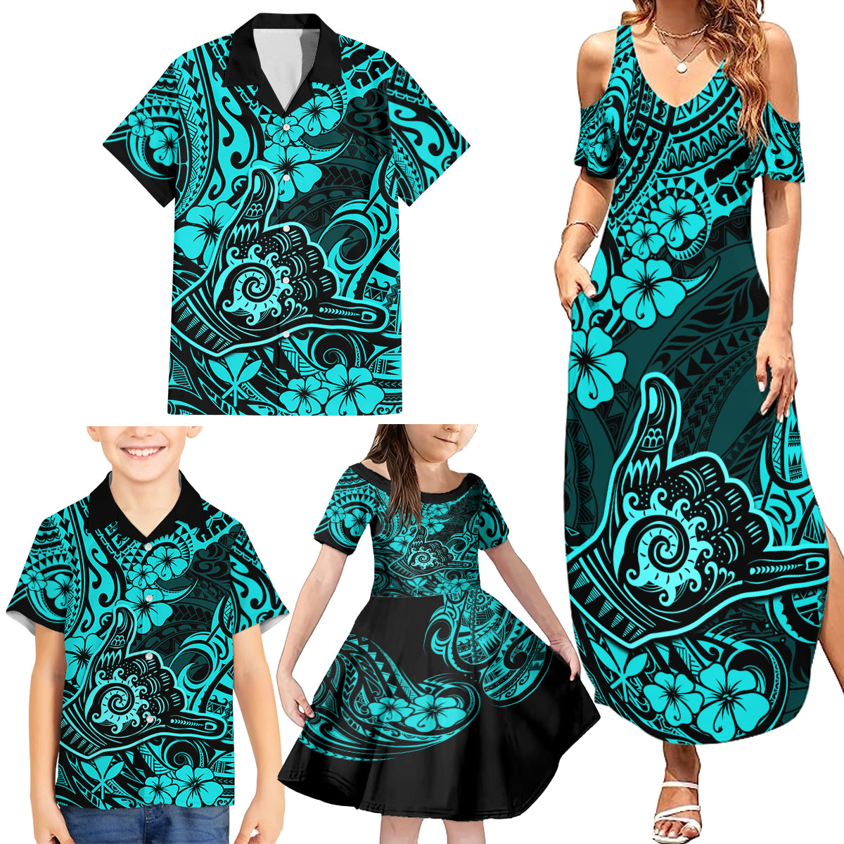 Hawaii Shaka Sign Family Matching Summer Maxi Dress and Hawaiian Shirt Polynesian Pattern Turquoise Version LT01 - Polynesian Pride