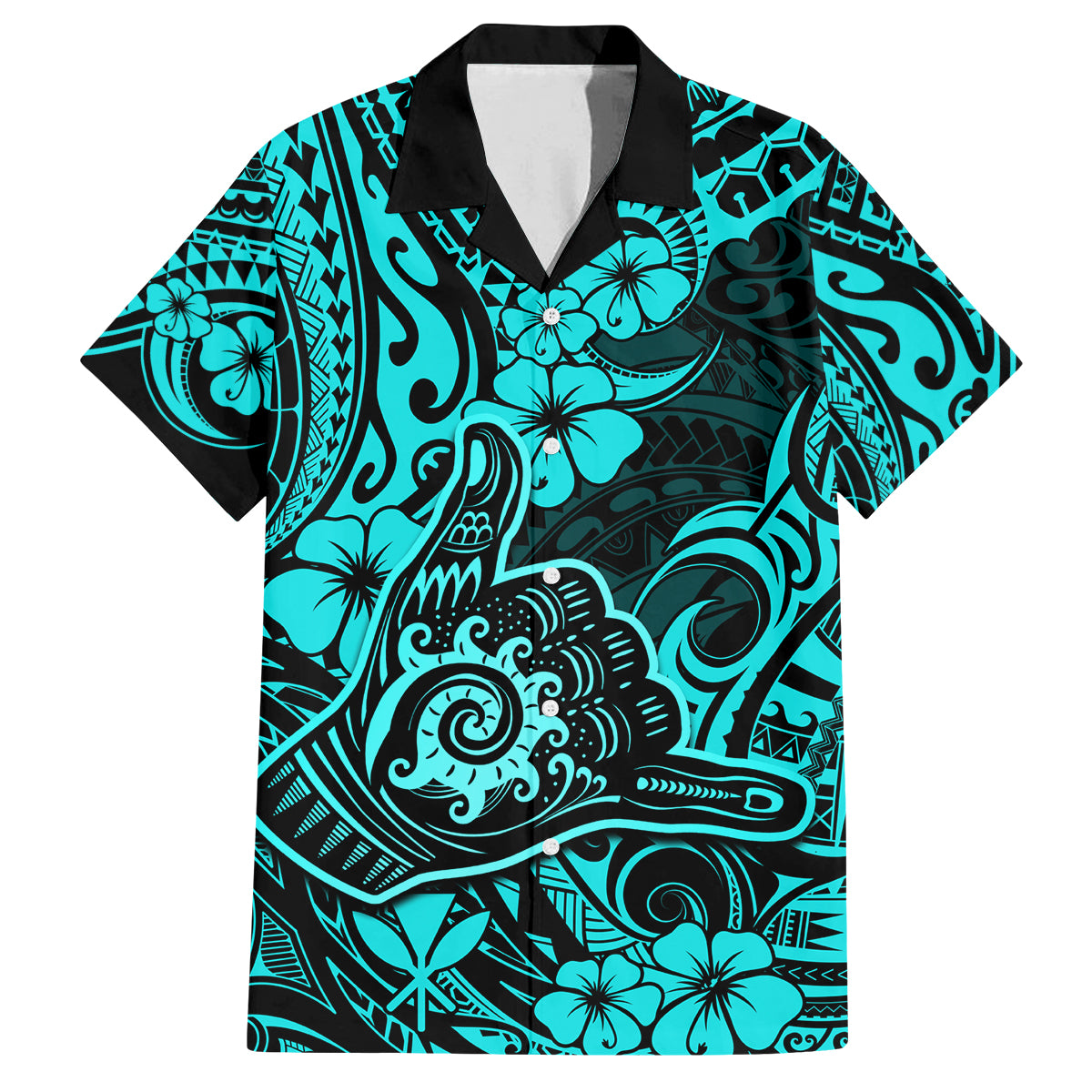 Hawaii Shaka Sign Family Matching Tank Maxi Dress and Hawaiian Shirt Polynesian Pattern Turquoise Version LT01 Dad's Shirt - Short Sleeve Turquoise - Polynesian Pride