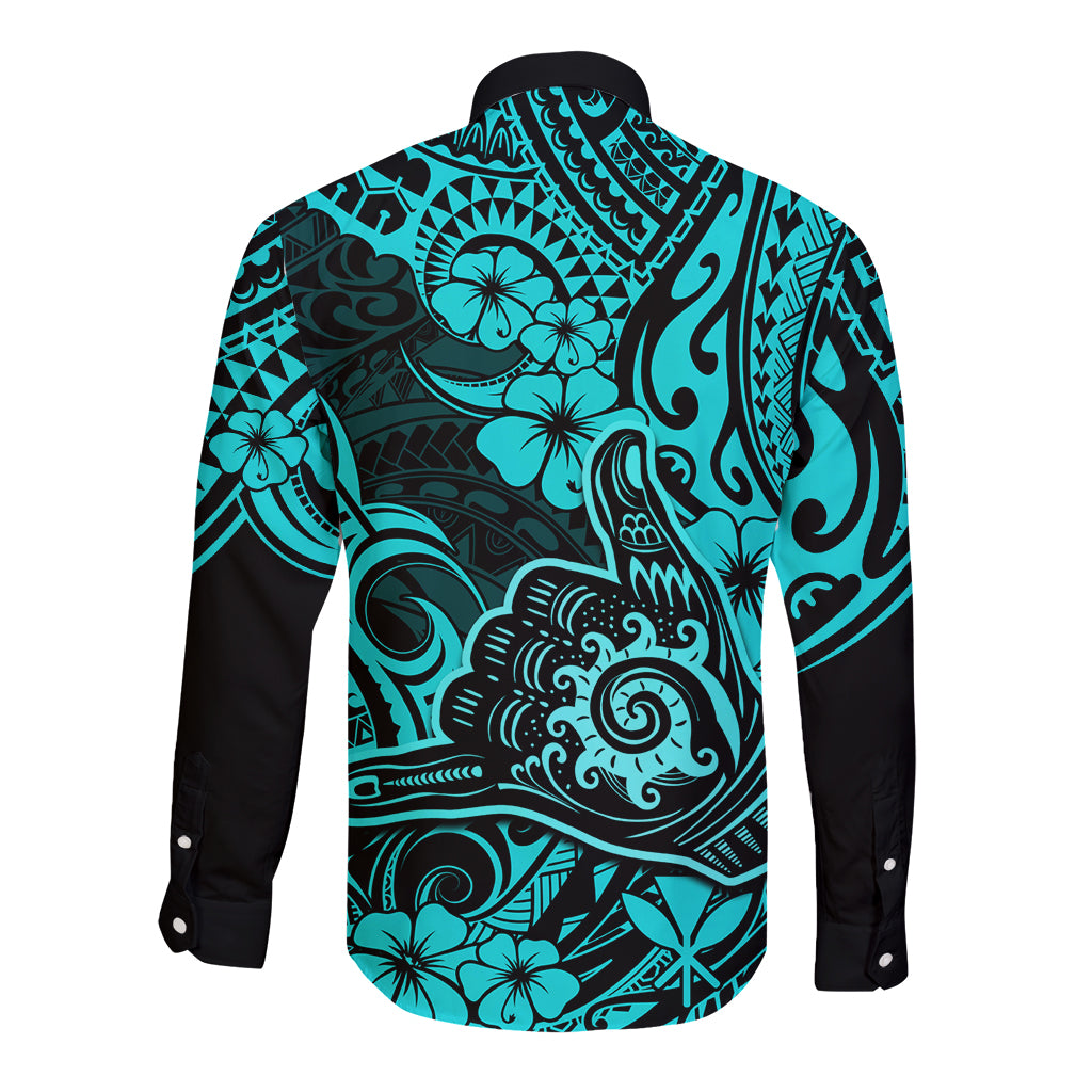 Hawaii Shaka Sign Long Sleeve Button Shirt Polynesian Pattern Turquoise Version LT01 - Polynesian Pride