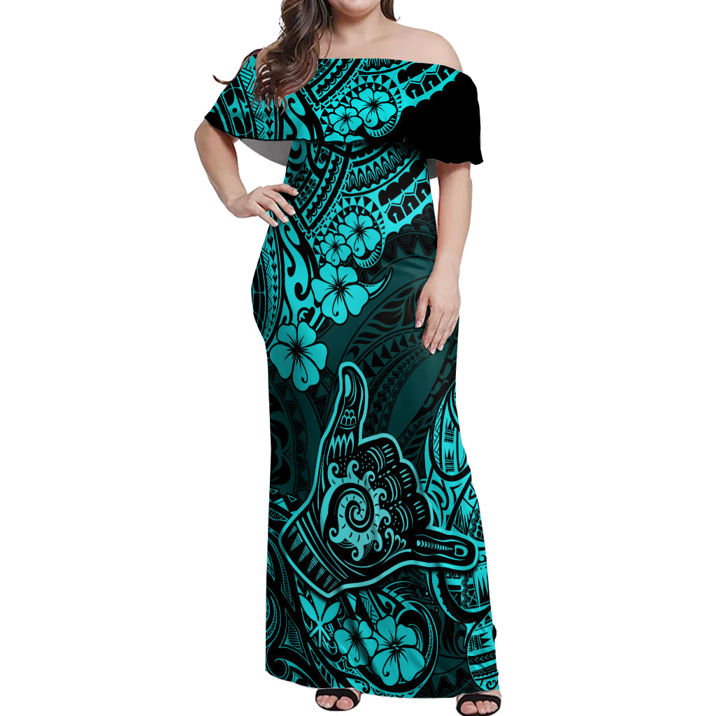 Hawaii Shaka Sign Off Shoulder Maxi Dress Polynesian Pattern Turquoise Version LT01 Women Turquoise - Polynesian Pride