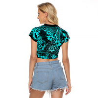 Hawaii Shaka Sign Raglan Cropped T Shirt Polynesian Pattern Turquoise Version LT01 - Polynesian Pride