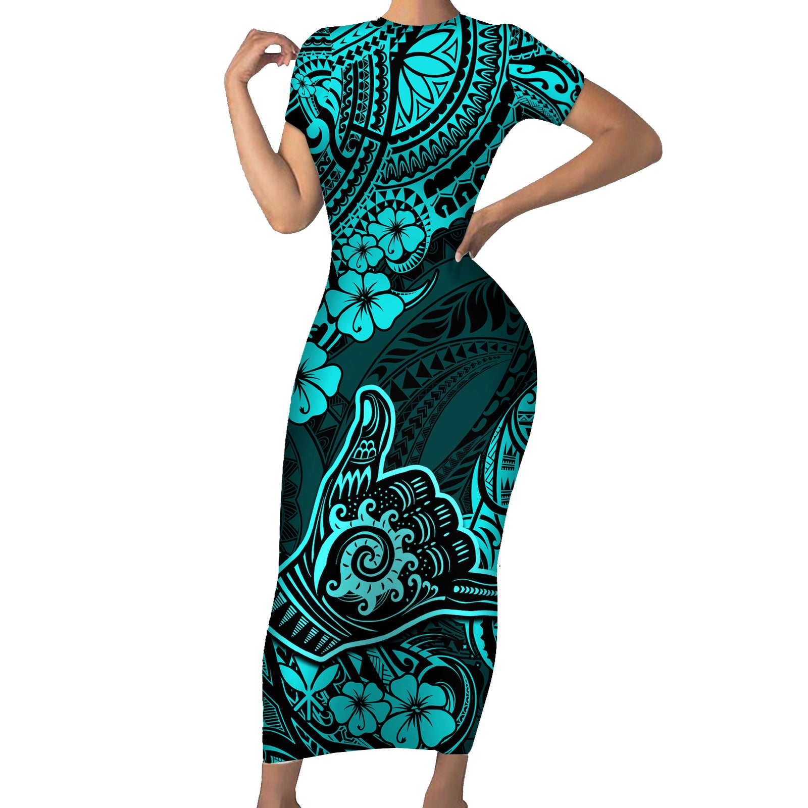 Hawaii Shaka Sign Short Sleeve Bodycon Dress Polynesian Pattern Turquoise Version LT01 Long Dress Turquoise - Polynesian Pride
