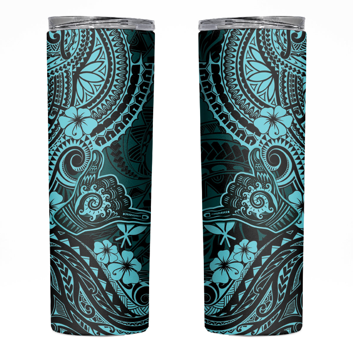 Hawaii Shaka Sign Skinny Tumbler Polynesian Pattern Turquoise Version