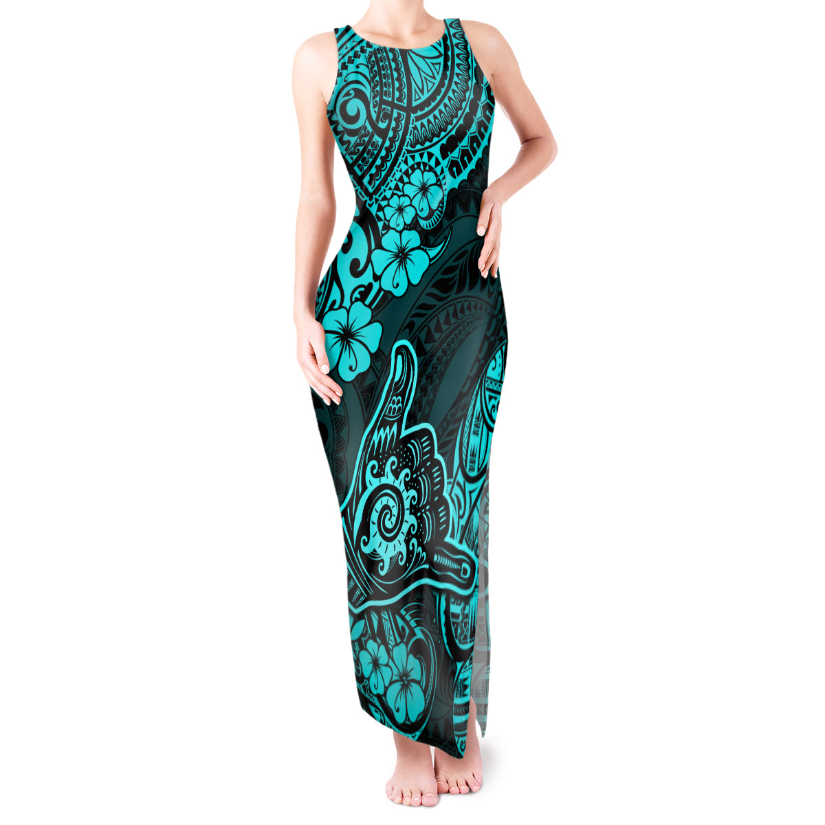 Hawaii Shaka Sign Tank Maxi Dress Polynesian Pattern Turquoise Version LT01 Women Turquoise - Polynesian Pride