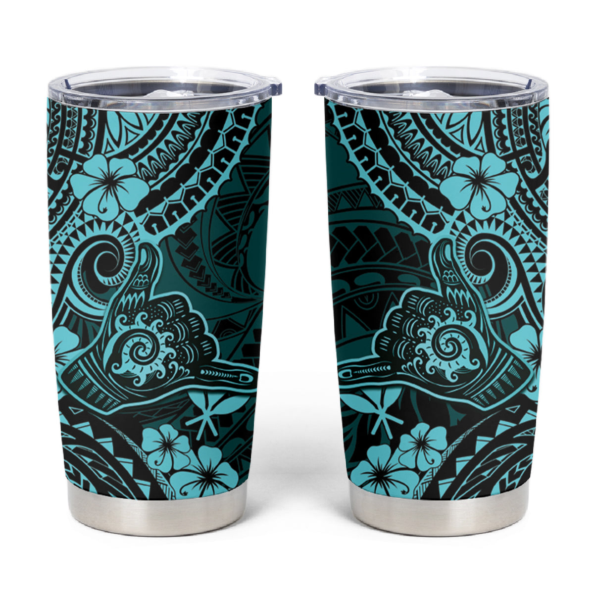 Hawaii Shaka Sign Tumbler Cup Polynesian Pattern Turquoise Version