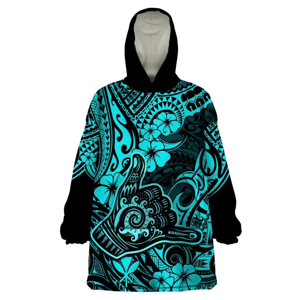 Hawaii Shaka Sign Wearable Blanket Hoodie Polynesian Pattern Turquoise Version LT01 One Size Turquoise - Polynesian Pride