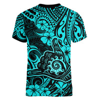 Hawaii Shaka Sign Women V Neck T Shirt Polynesian Pattern Turquoise Version LT01 - Polynesian Pride