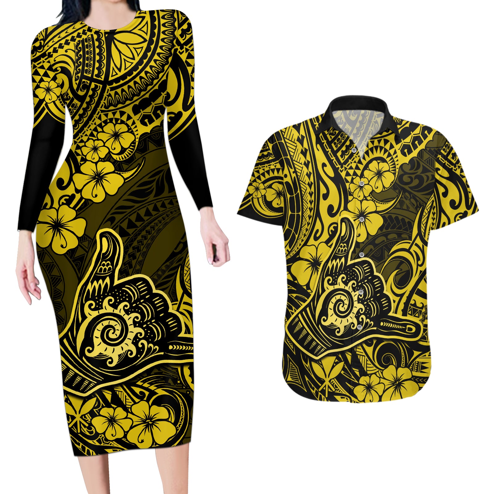 Hawaii Shaka Sign Couples Matching Long Sleeve Bodycon Dress and Hawaiian Shirt Polynesian Pattern Yellow Version LT01 Yellow - Polynesian Pride