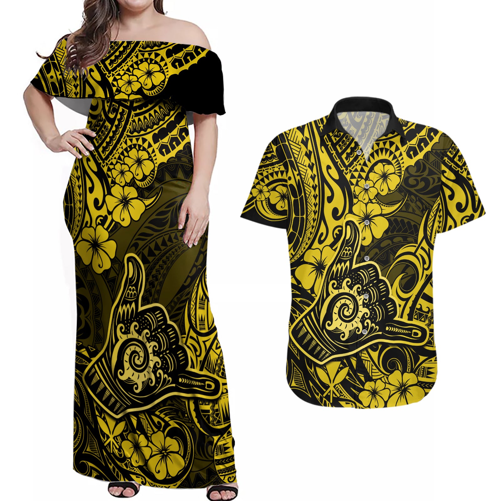 Hawaii Shaka Sign Couples Matching Off Shoulder Maxi Dress and Hawaiian Shirt Polynesian Pattern Yellow Version LT01 Yellow - Polynesian Pride