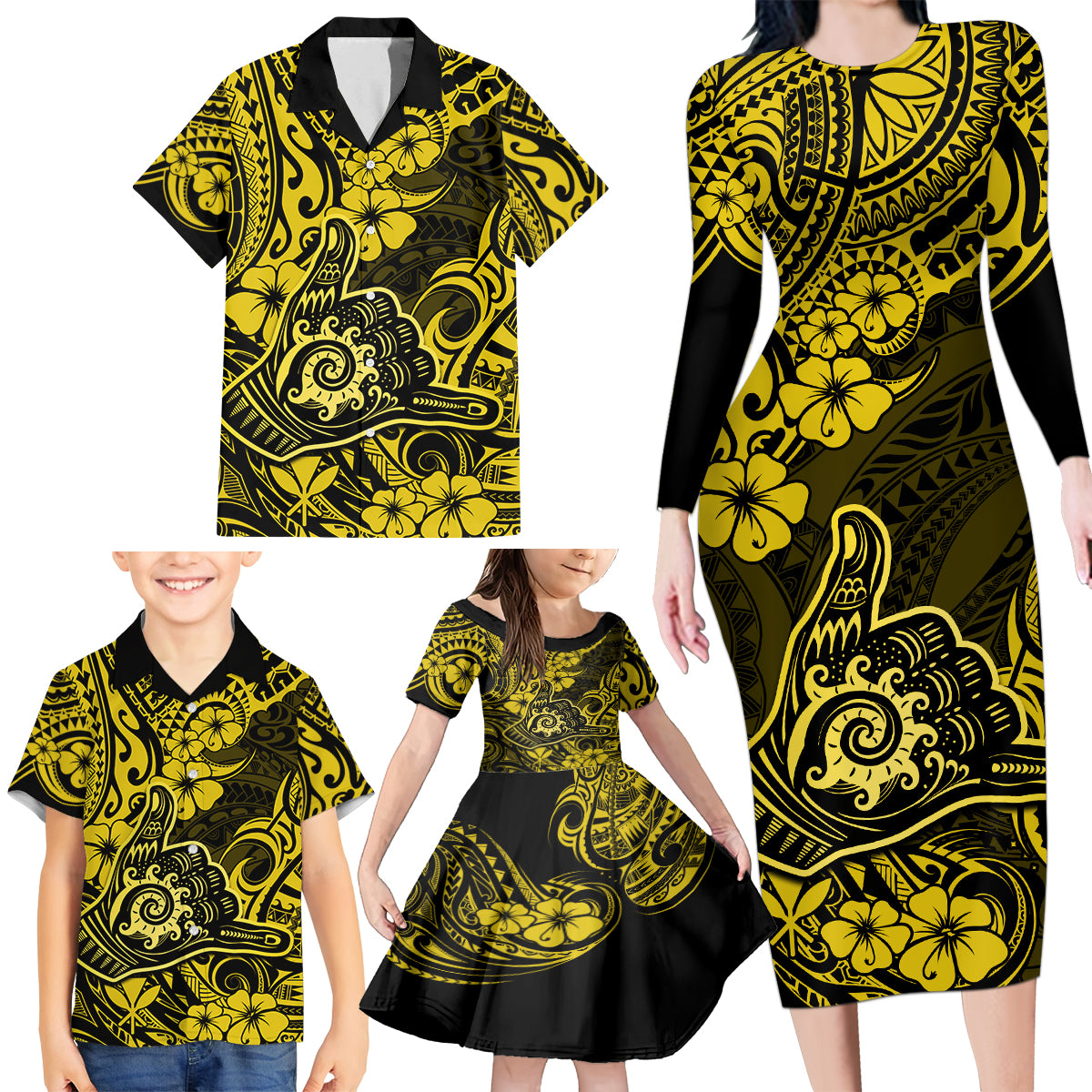 Hawaii Shaka Sign Family Matching Long Sleeve Bodycon Dress and Hawaiian Shirt Polynesian Pattern Yellow Version LT01 - Polynesian Pride