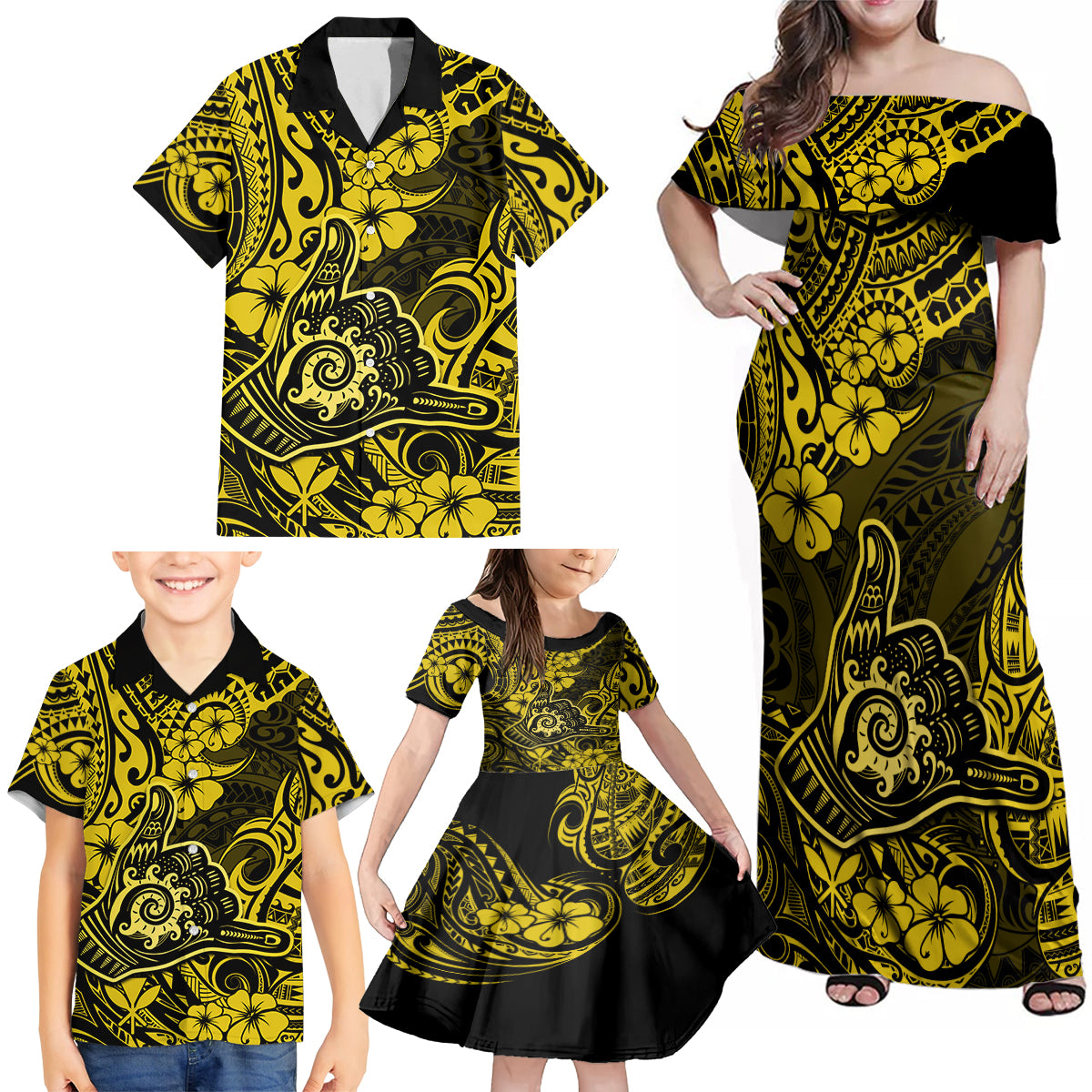 Hawaii Shaka Sign Family Matching Off Shoulder Maxi Dress and Hawaiian Shirt Polynesian Pattern Yellow Version LT01 - Polynesian Pride