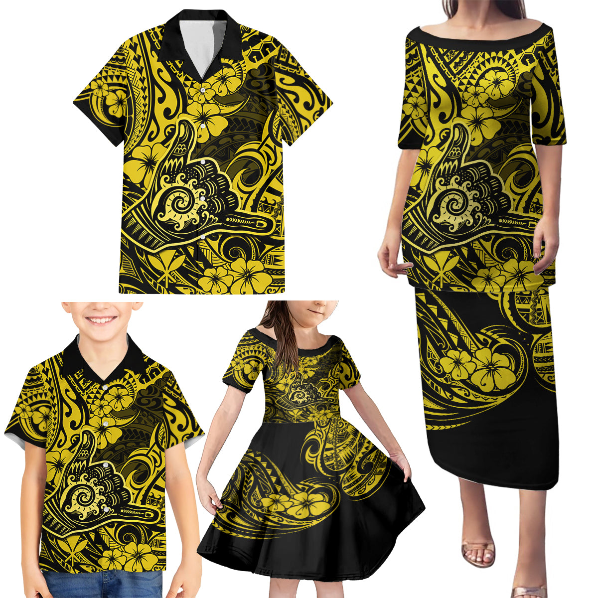 Hawaii Shaka Sign Family Matching Puletasi Dress and Hawaiian Shirt Polynesian Pattern Yellow Version LT01 - Polynesian Pride