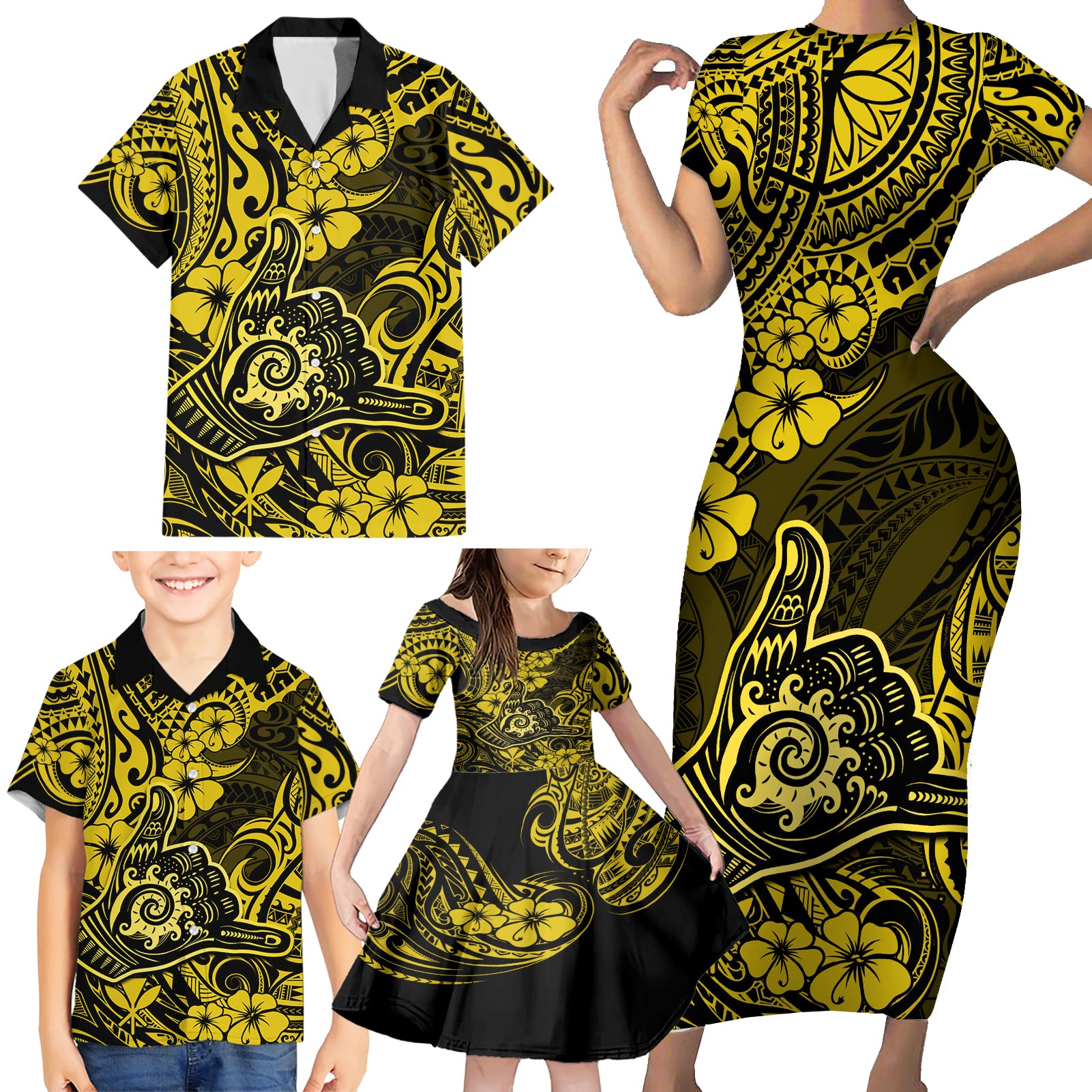 Hawaii Shaka Sign Family Matching Short Sleeve Bodycon Dress and Hawaiian Shirt Polynesian Pattern Yellow Version LT01 - Polynesian Pride