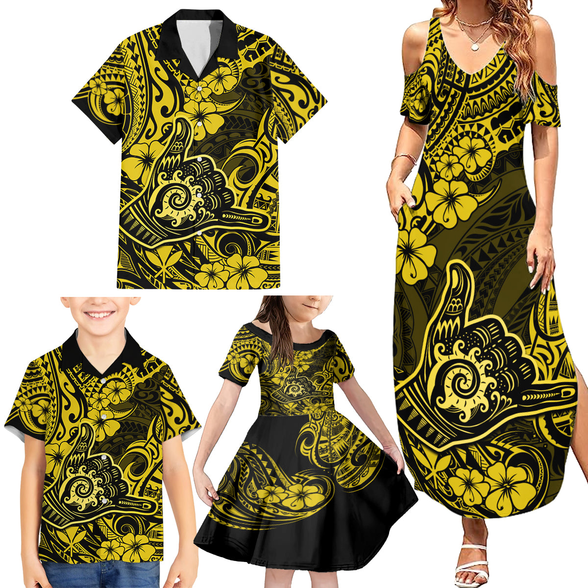 Hawaii Shaka Sign Family Matching Summer Maxi Dress and Hawaiian Shirt Polynesian Pattern Yellow Version LT01 - Polynesian Pride