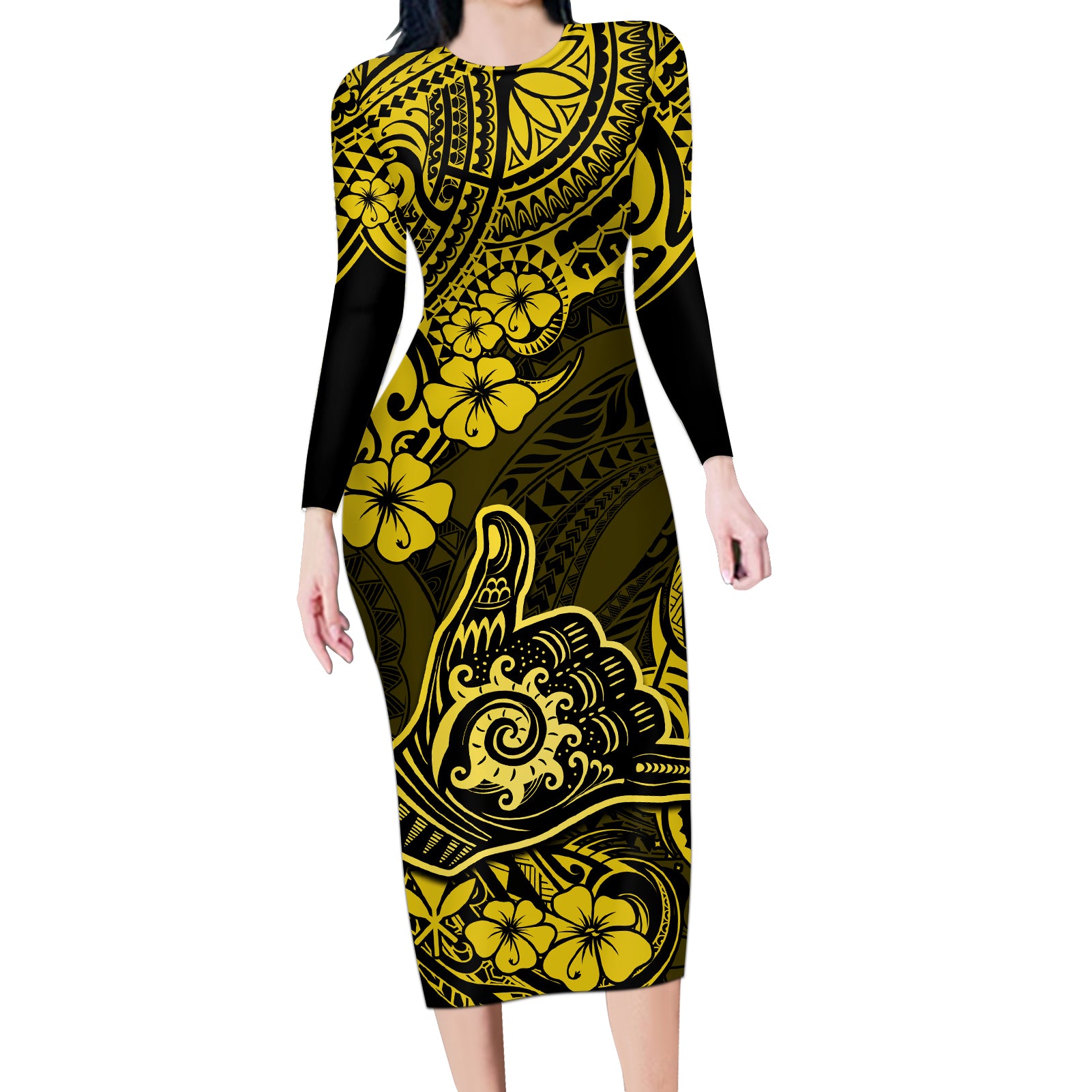 Hawaii Shaka Sign Long Sleeve Bodycon Dress Polynesian Pattern Yellow Version LT01 Long Dress Yellow - Polynesian Pride