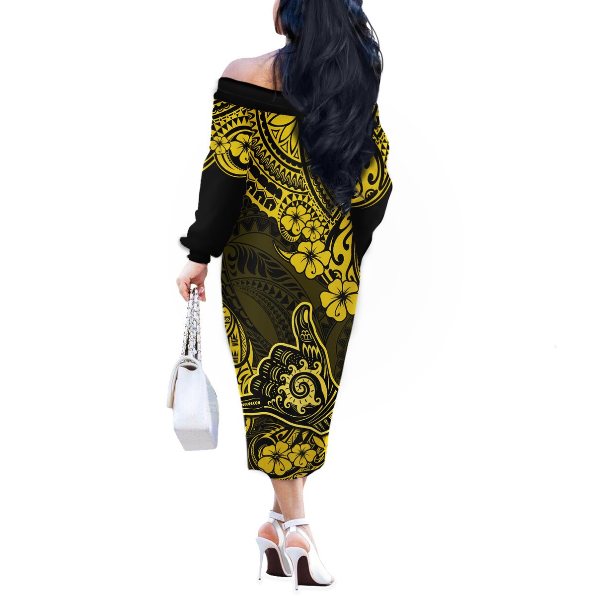 Hawaii Shaka Sign Off The Shoulder Long Sleeve Dress Polynesian Pattern Yellow Version LT01 - Polynesian Pride