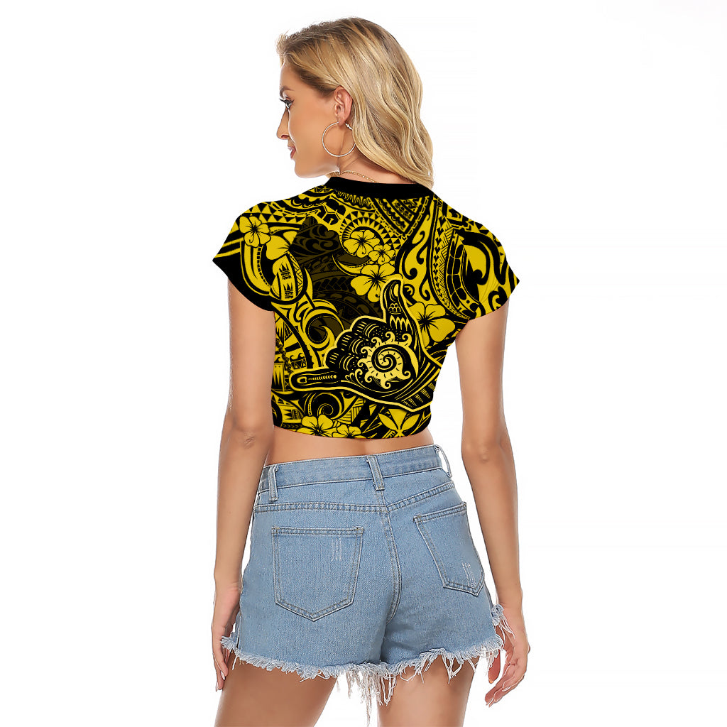 Hawaii Shaka Sign Raglan Cropped T Shirt Polynesian Pattern Yellow Version LT01 - Polynesian Pride