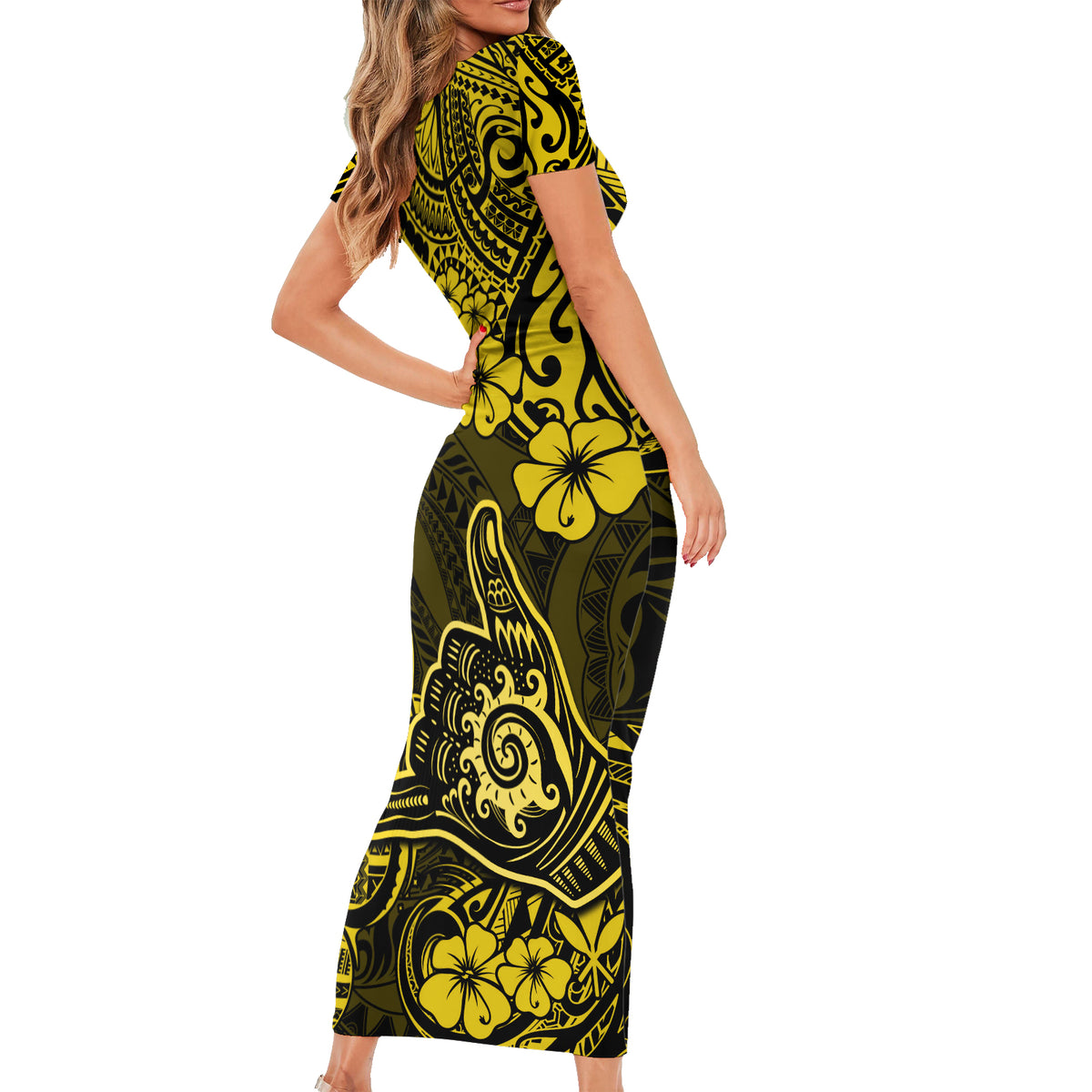 Hawaii Shaka Sign Short Sleeve Bodycon Dress Polynesian Pattern Yellow Version LT01 - Polynesian Pride