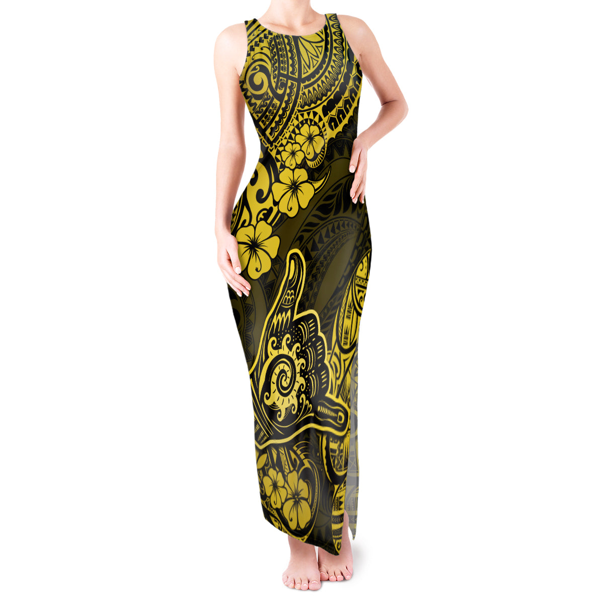 Hawaii Shaka Sign Tank Maxi Dress Polynesian Pattern Yellow Version LT01 Women Yellow - Polynesian Pride