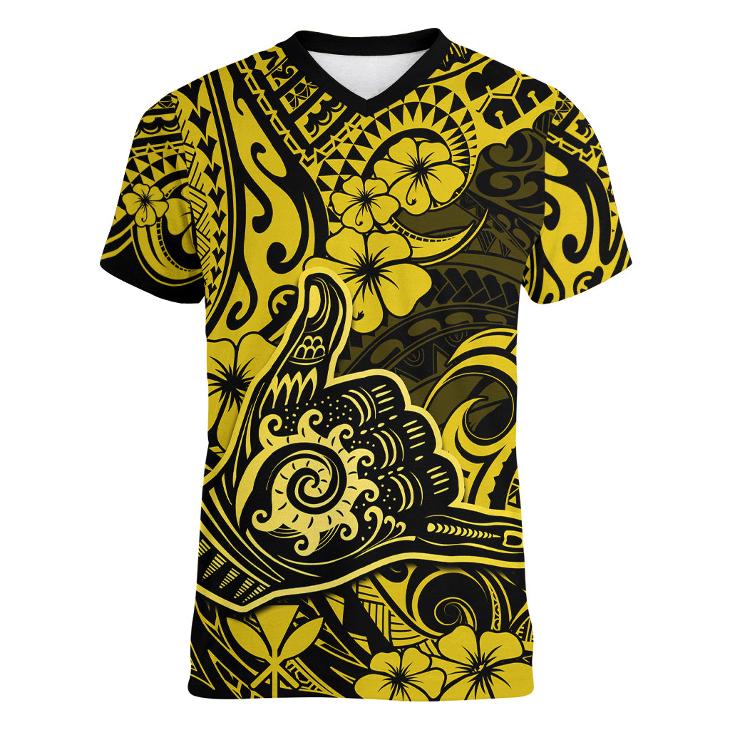Hawaii Shaka Sign Women V Neck T Shirt Polynesian Pattern Yellow Version LT01 Female Yellow - Polynesian Pride
