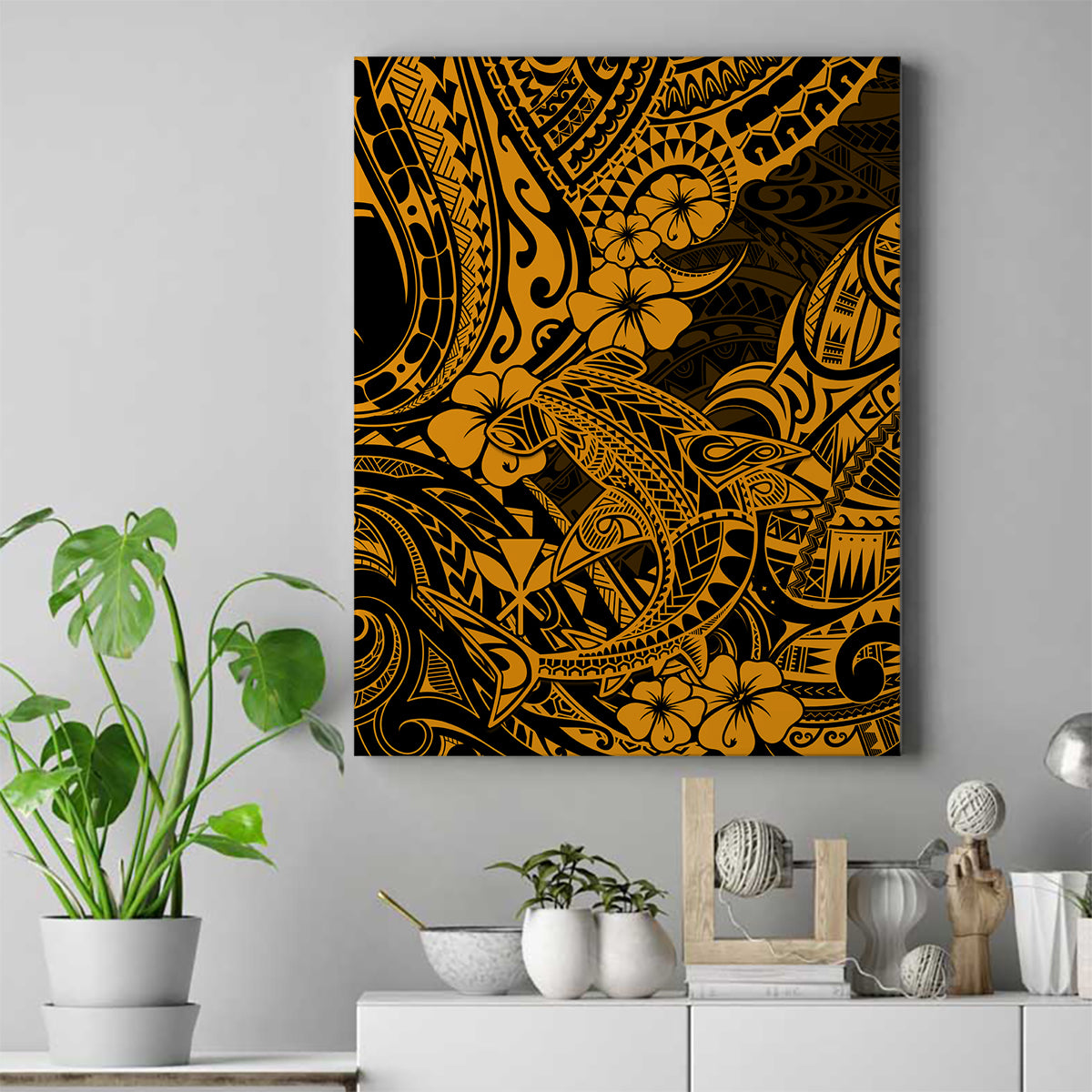 Hawaii Shark Canvas Wall Art Polynesian Pattern Gold Version LT01 Gold - Polynesian Pride