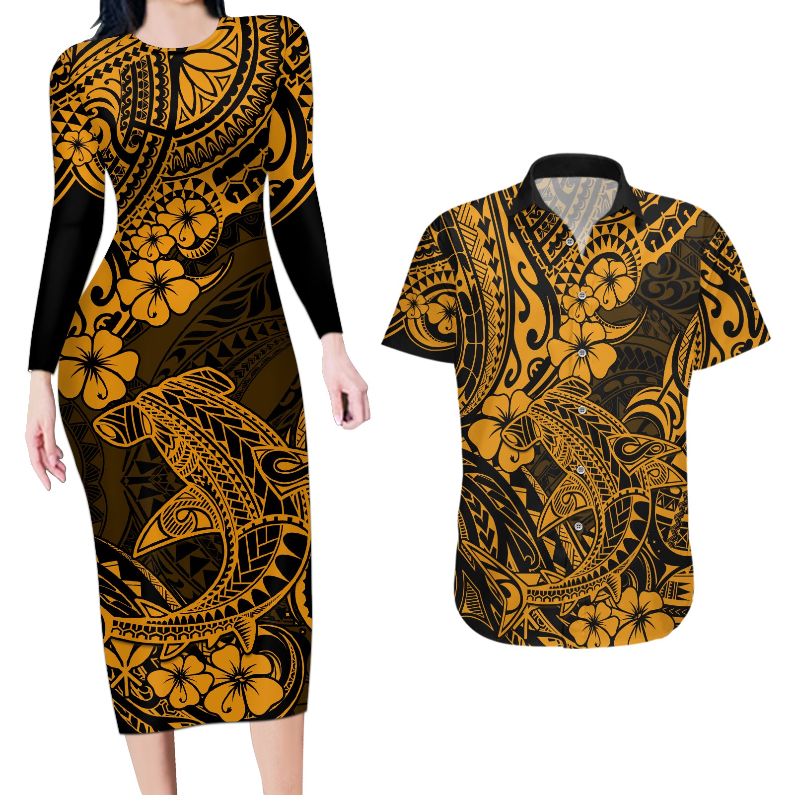 Hawaii Shark Couples Matching Long Sleeve Bodycon Dress and Hawaiian Shirt Polynesian Pattern Gold Version LT01 Gold - Polynesian Pride