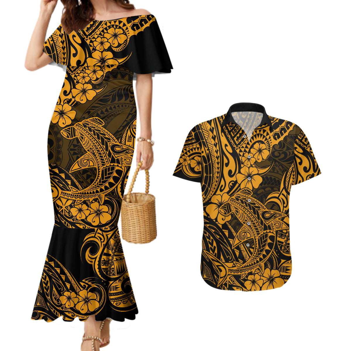 Hawaii Shark Couples Matching Mermaid Dress and Hawaiian Shirt Polynesian Pattern Gold Version LT01 Gold - Polynesian Pride