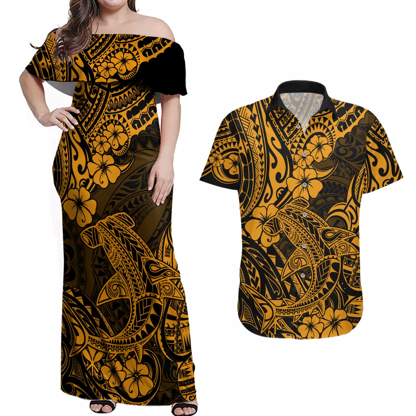 Hawaii Shark Couples Matching Off Shoulder Maxi Dress and Hawaiian Shirt Polynesian Pattern Gold Version LT01 Gold - Polynesian Pride