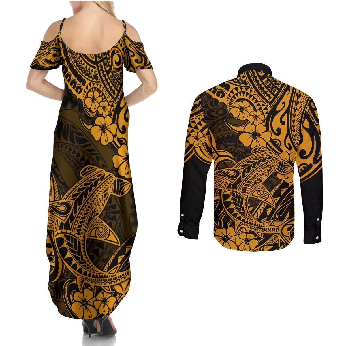 Hawaii Shark Couples Matching Summer Maxi Dress and Long Sleeve Button Shirts Polynesian Pattern Gold Version LT01 - Polynesian Pride