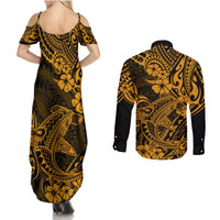 Hawaii Shark Couples Matching Summer Maxi Dress and Long Sleeve Button Shirts Polynesian Pattern Gold Version LT01 - Polynesian Pride