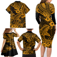 Hawaii Shark Family Matching Long Sleeve Bodycon Dress and Hawaiian Shirt Polynesian Pattern Gold Version LT01 - Polynesian Pride