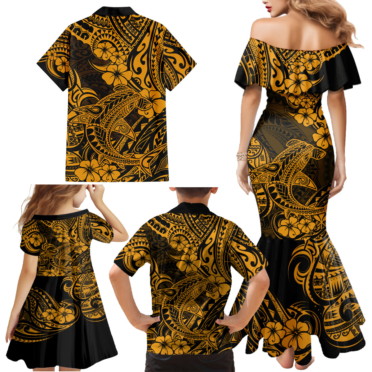 Hawaii Shark Family Matching Mermaid Dress and Hawaiian Shirt Polynesian Pattern Gold Version LT01 - Polynesian Pride