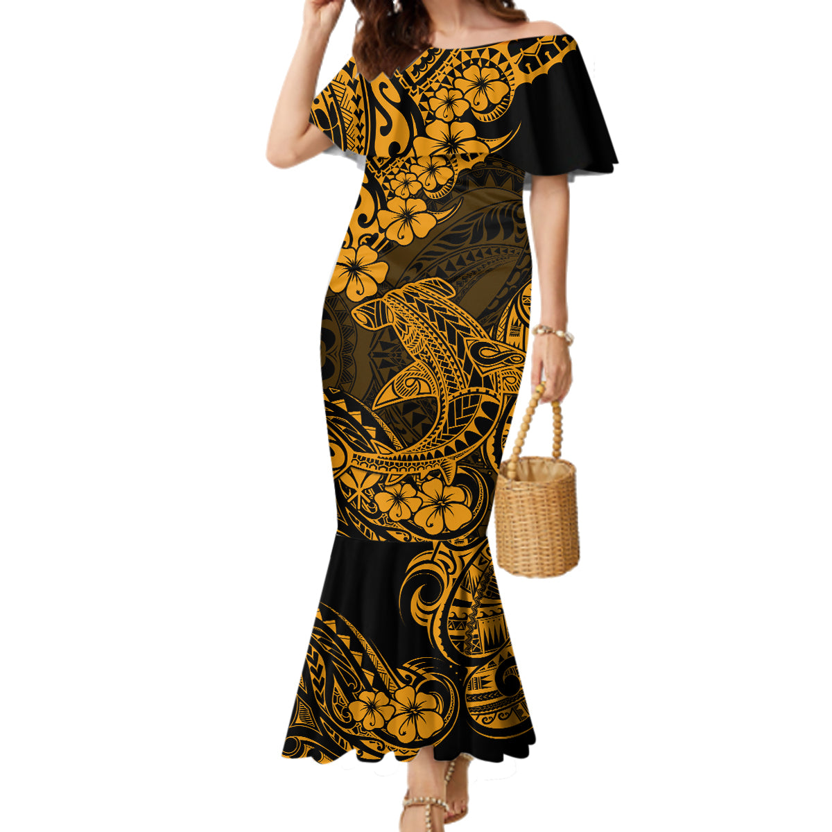 Hawaii Shark Family Matching Mermaid Dress and Hawaiian Shirt Polynesian Pattern Gold Version LT01 Mom's Dress Gold - Polynesian Pride