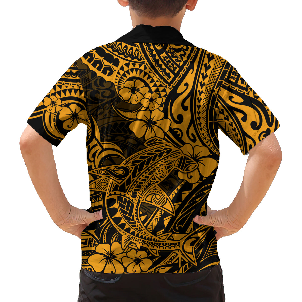 Hawaii Shark Family Matching Off Shoulder Short Dress and Hawaiian Shirt Polynesian Pattern Gold Version LT01 - Polynesian Pride