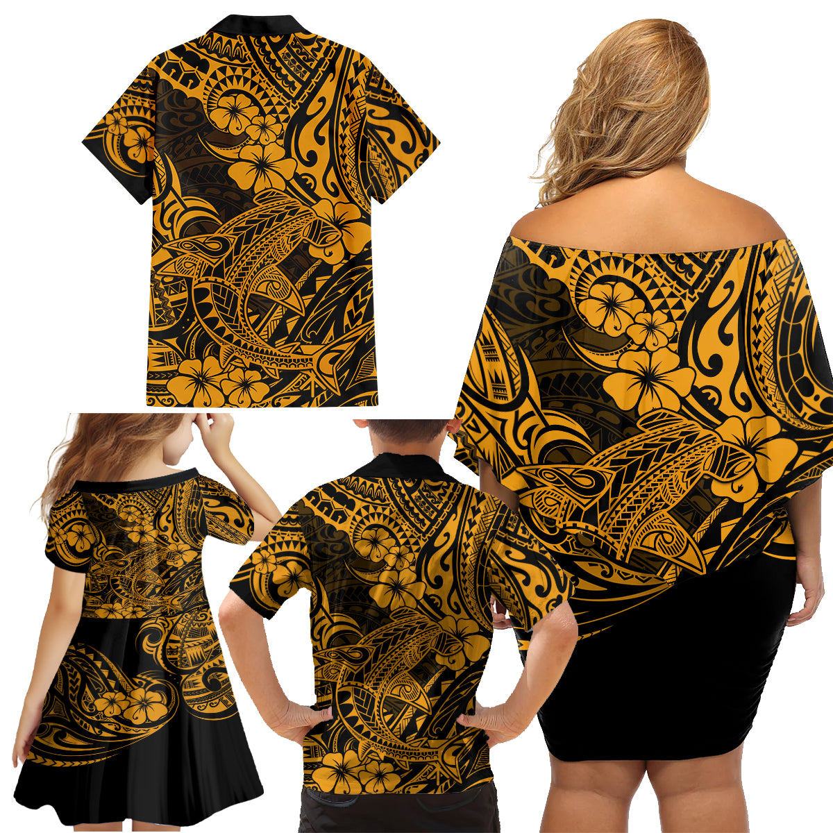 Hawaii Shark Family Matching Off Shoulder Short Dress and Hawaiian Shirt Polynesian Pattern Gold Version LT01 - Polynesian Pride