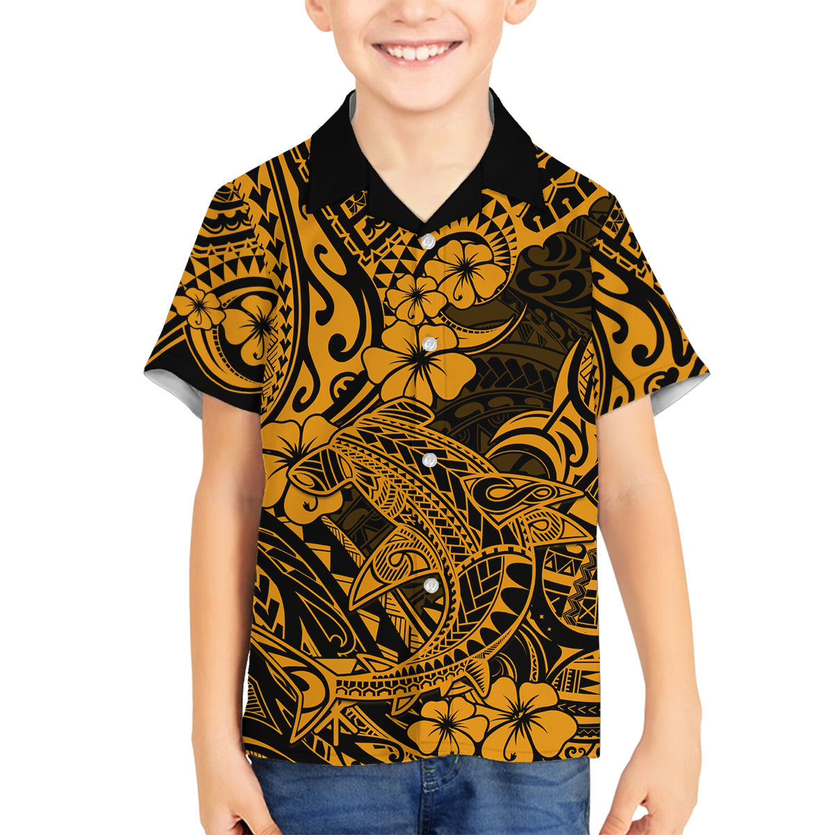 Hawaii Shark Family Matching Puletasi Dress and Hawaiian Shirt Polynesian Pattern Gold Version LT01 Son's Shirt Gold - Polynesian Pride
