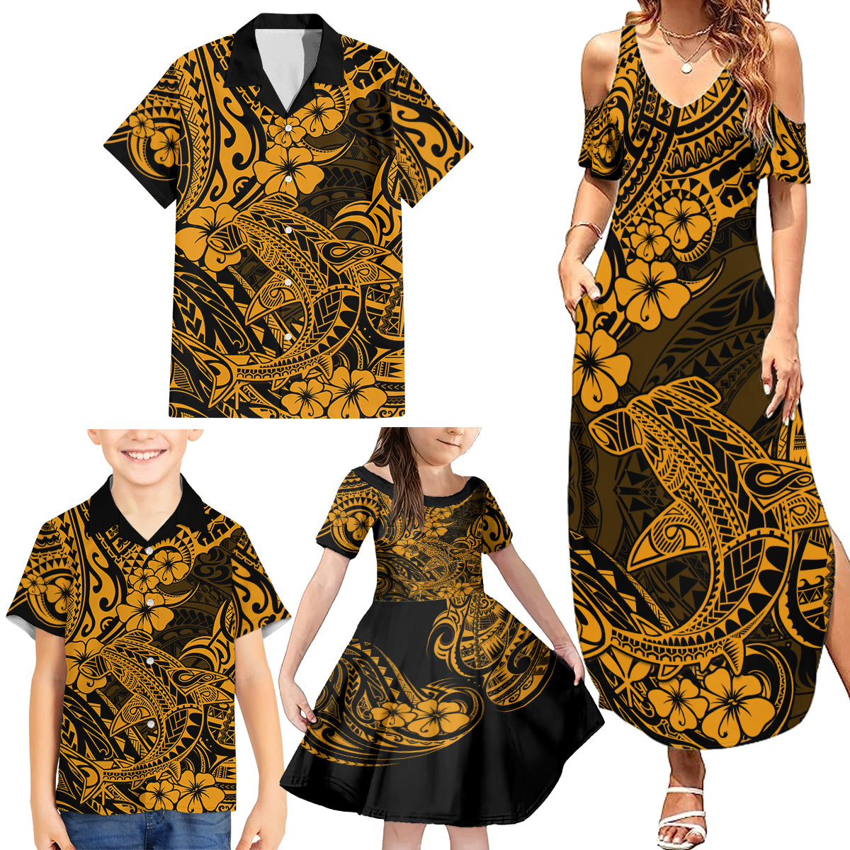 Hawaii Shark Family Matching Summer Maxi Dress and Hawaiian Shirt Polynesian Pattern Gold Version LT01 - Polynesian Pride