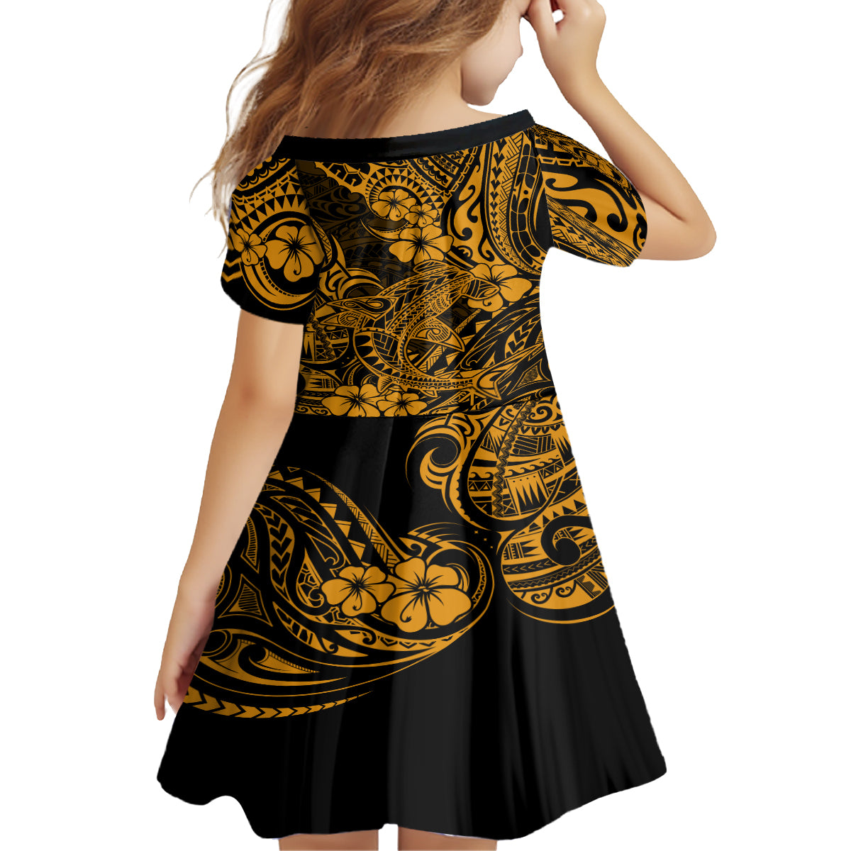 Hawaii Shark Kid Short Sleeve Dress Polynesian Pattern Gold Version LT01 - Polynesian Pride