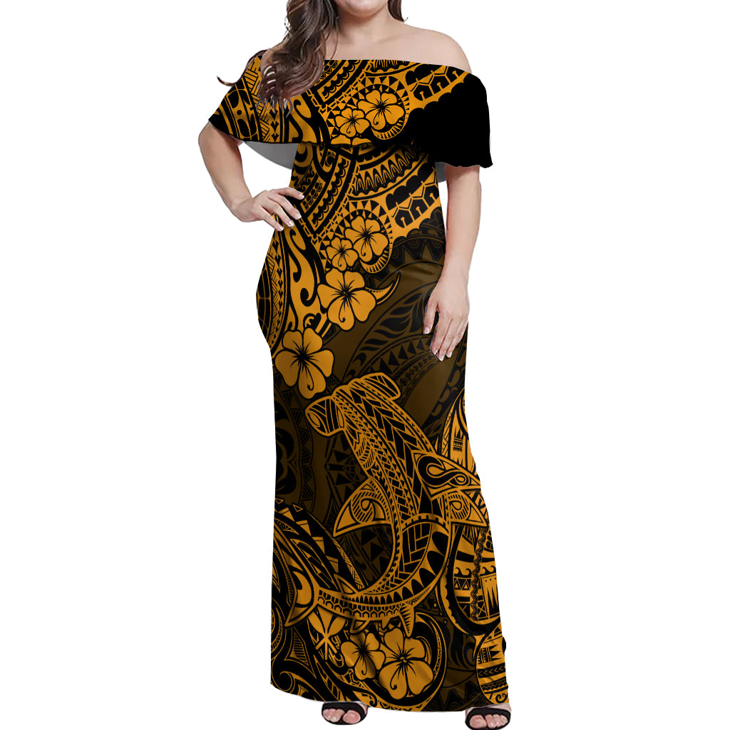 Hawaii Shark Off Shoulder Maxi Dress Polynesian Pattern Gold Version LT01 Women Gold - Polynesian Pride