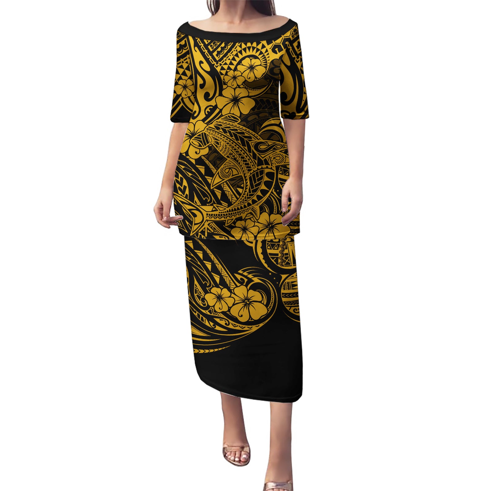 Hawaii Shark Puletasi Polynesian Pattern Gold Version LT01 Long Dress Gold - Polynesian Pride